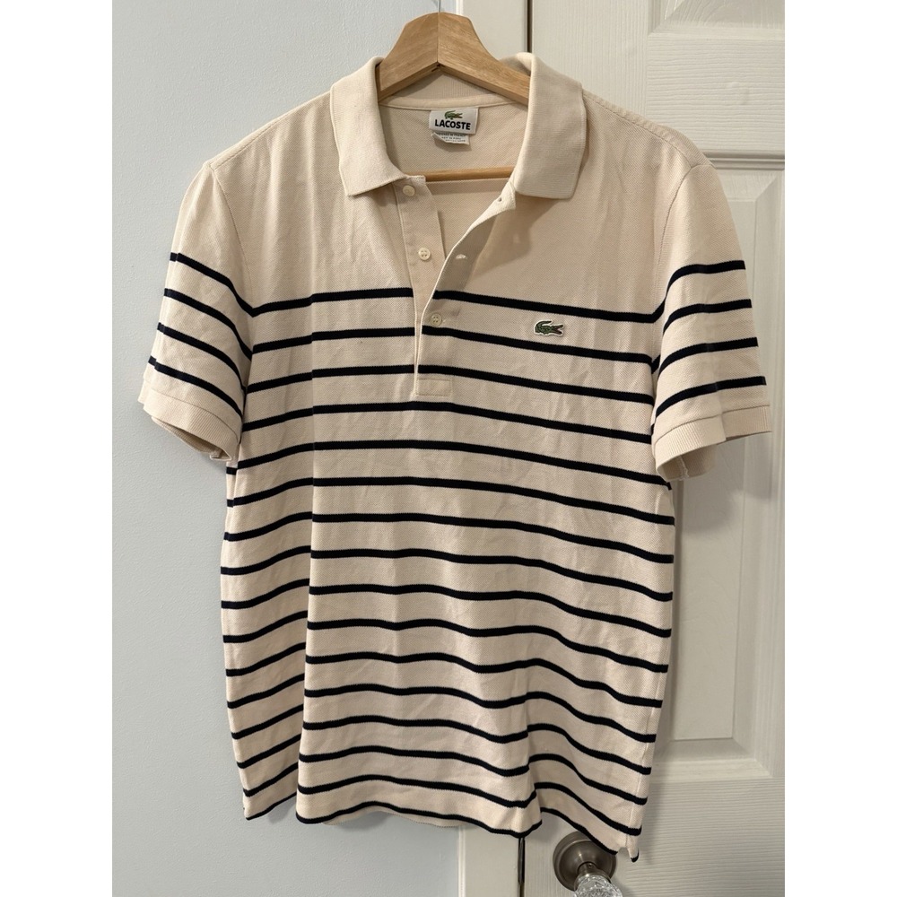 Lacoste White/Black Striped Men's Polo Sz 4 Rugby Shirt Coastal Preppy Tennis